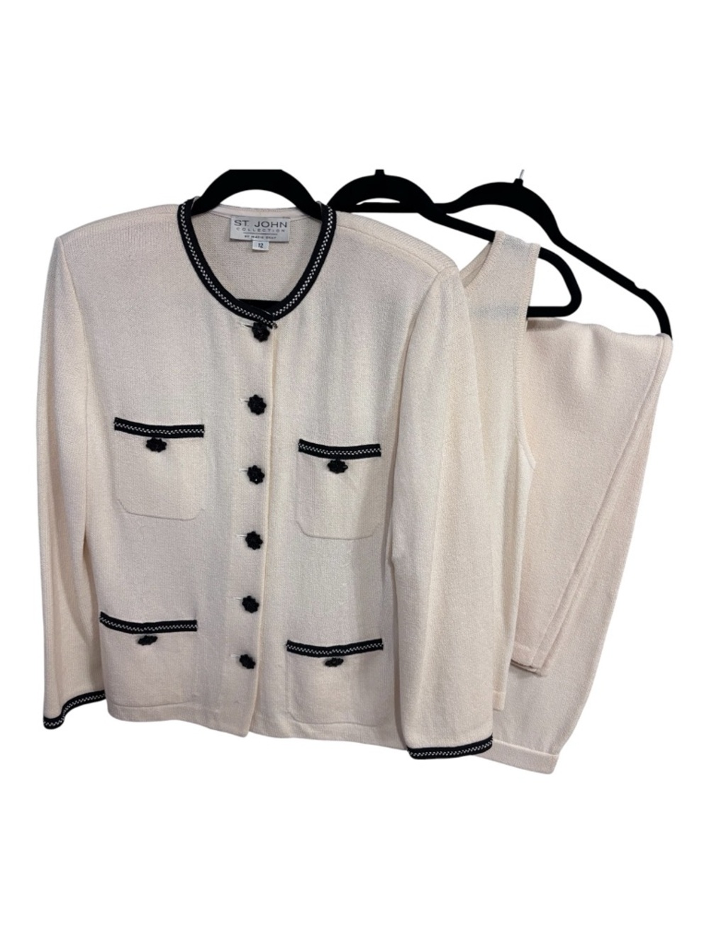 NWOT St John Collection 3 pc Cream Knit Jacket, Top & Skirt w Black Trim Sz 12